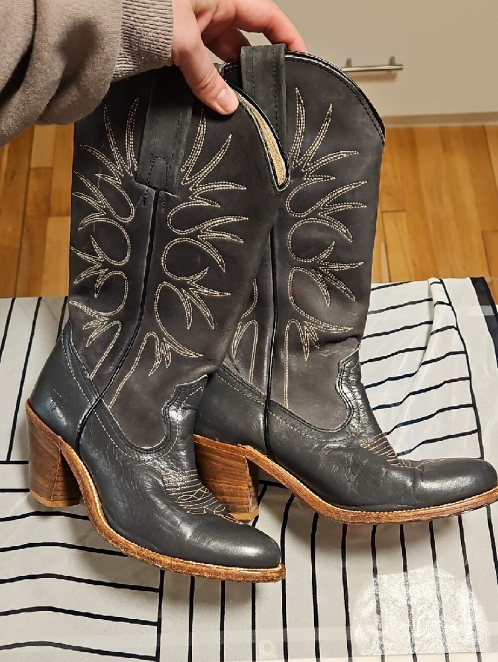 Frye Gray Leather Western Heeled Boots with Brown Stacked Heel - Picture 6 of 10